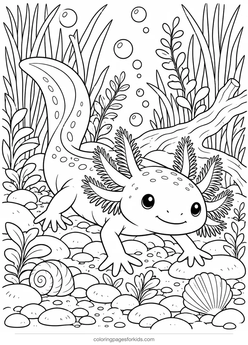 Axolotl coloring page of a lakebed with reeds and pebbles, detailed printable for ages 7-10