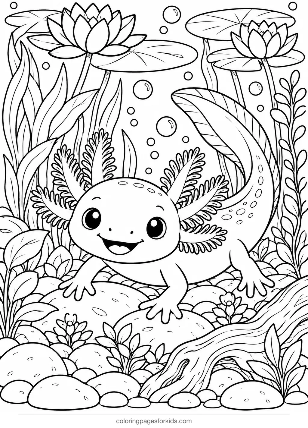 Axolotl coloring page of an underwater garden, detailed printable for ages 7-10