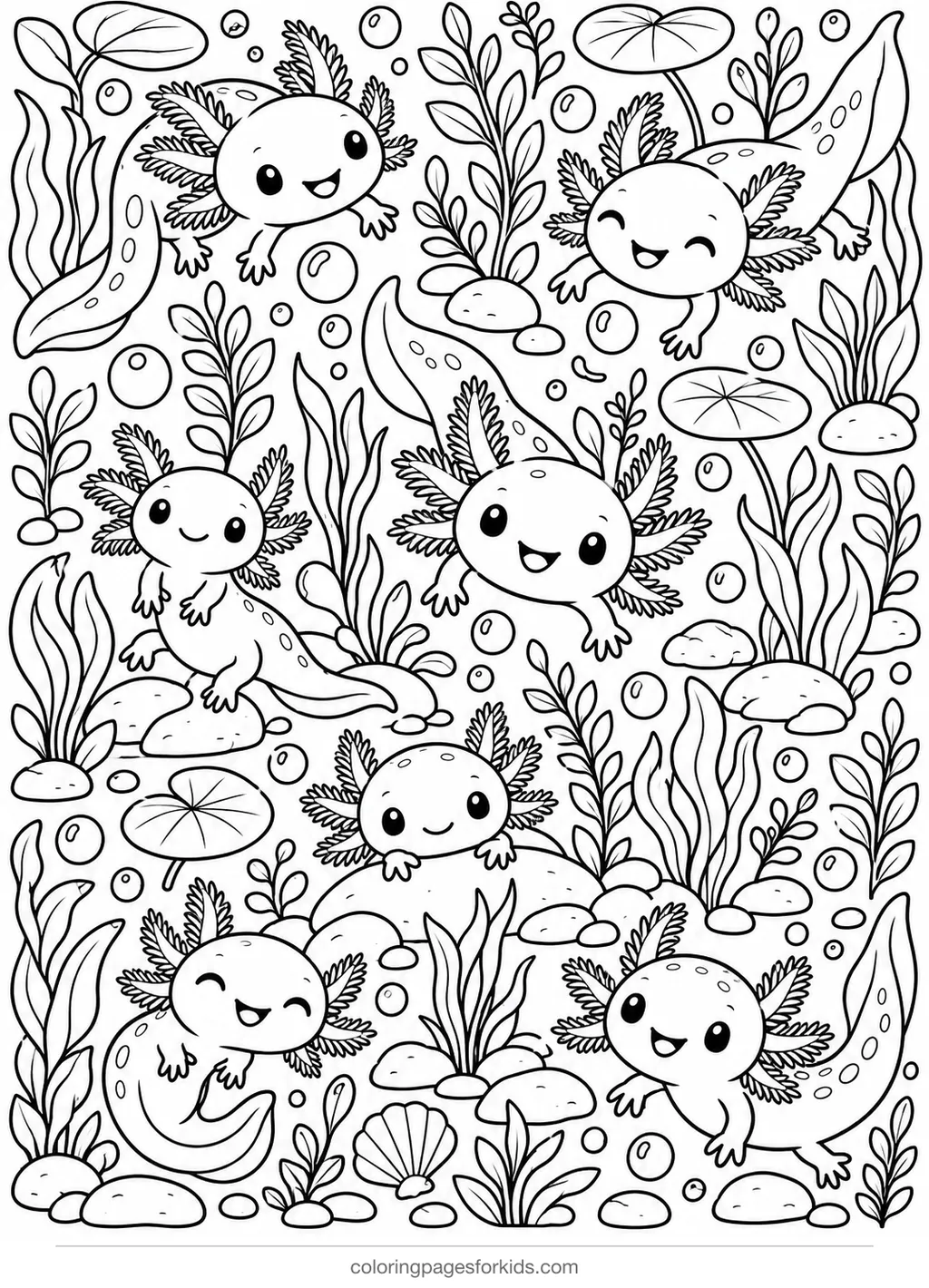 Axolotl coloring page with small axolotls, bubbles and plants, detailed printable for ages 7-10