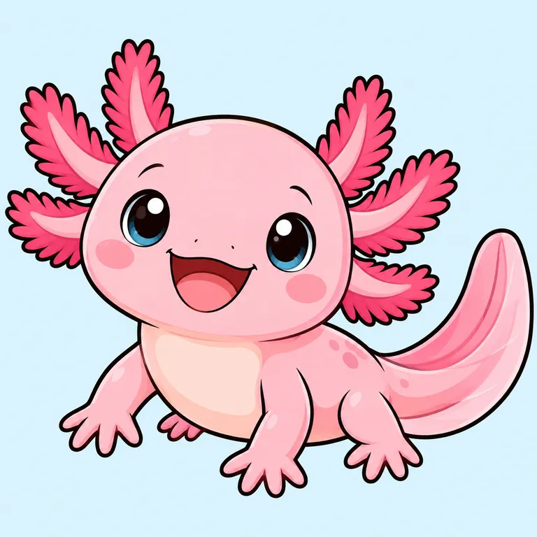 Colored example of a cute smiling axolotl with feathery gills
