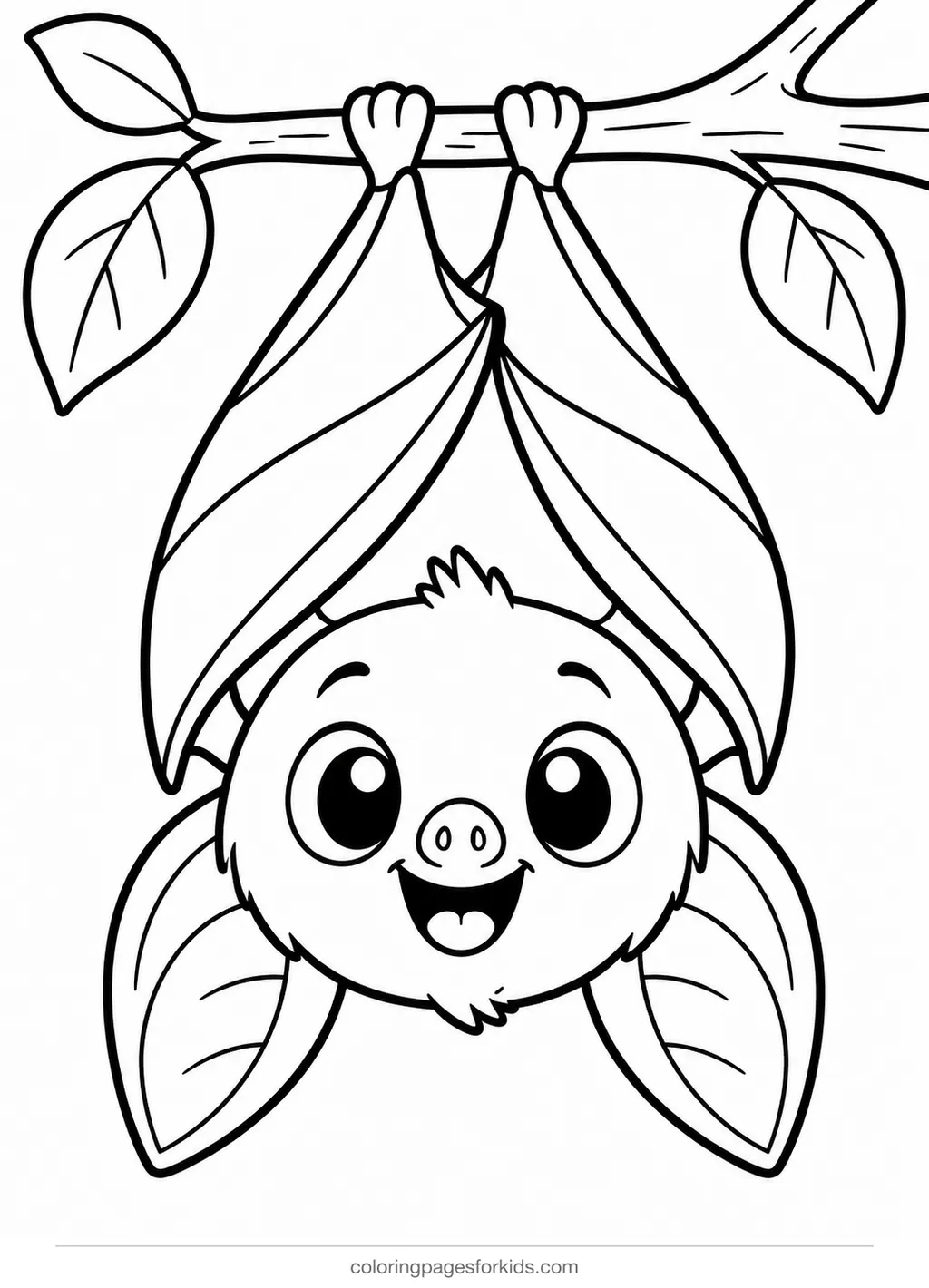 Bat coloring page of a smiling bat hanging from a branch, easy black-and-white printable for ages 3-5