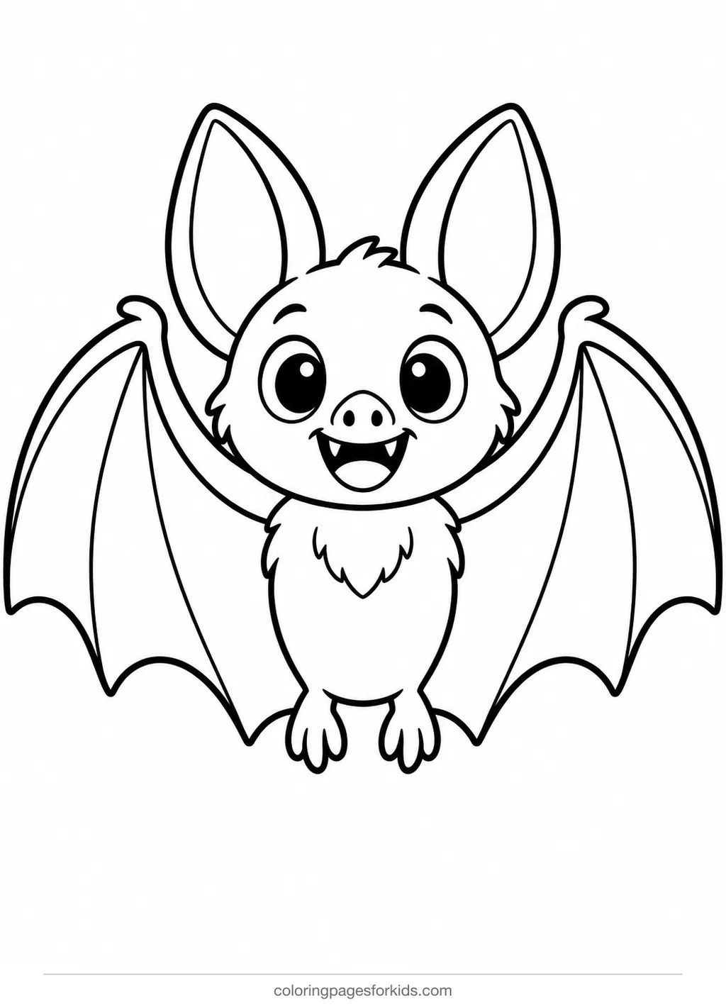 Bat coloring page of a large symmetrical bat template, easy black-and-white printable for ages 3-5