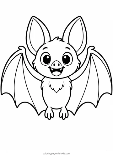 Bat coloring page of a large symmetrical bat template, easy black-and-white printable for ages 3-5