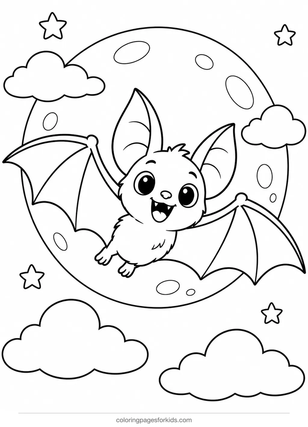 Bat coloring page of a smiling bat flying past the moon, medium black-and-white printable for ages 5-7