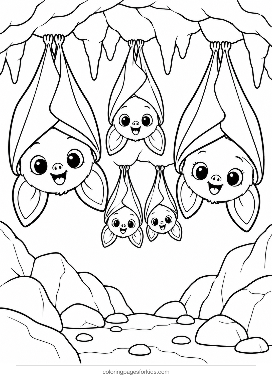 Bat Family in a Cave Coloring Page (Free Printable PDF)