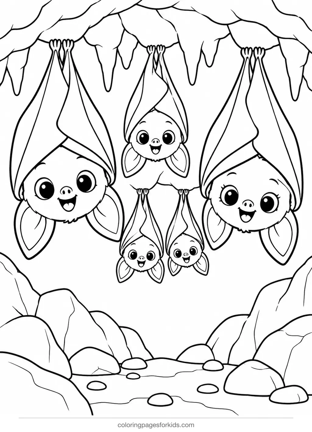 Bat coloring page of a friendly bat family in a cave, medium black-and-white printable for ages 5-7