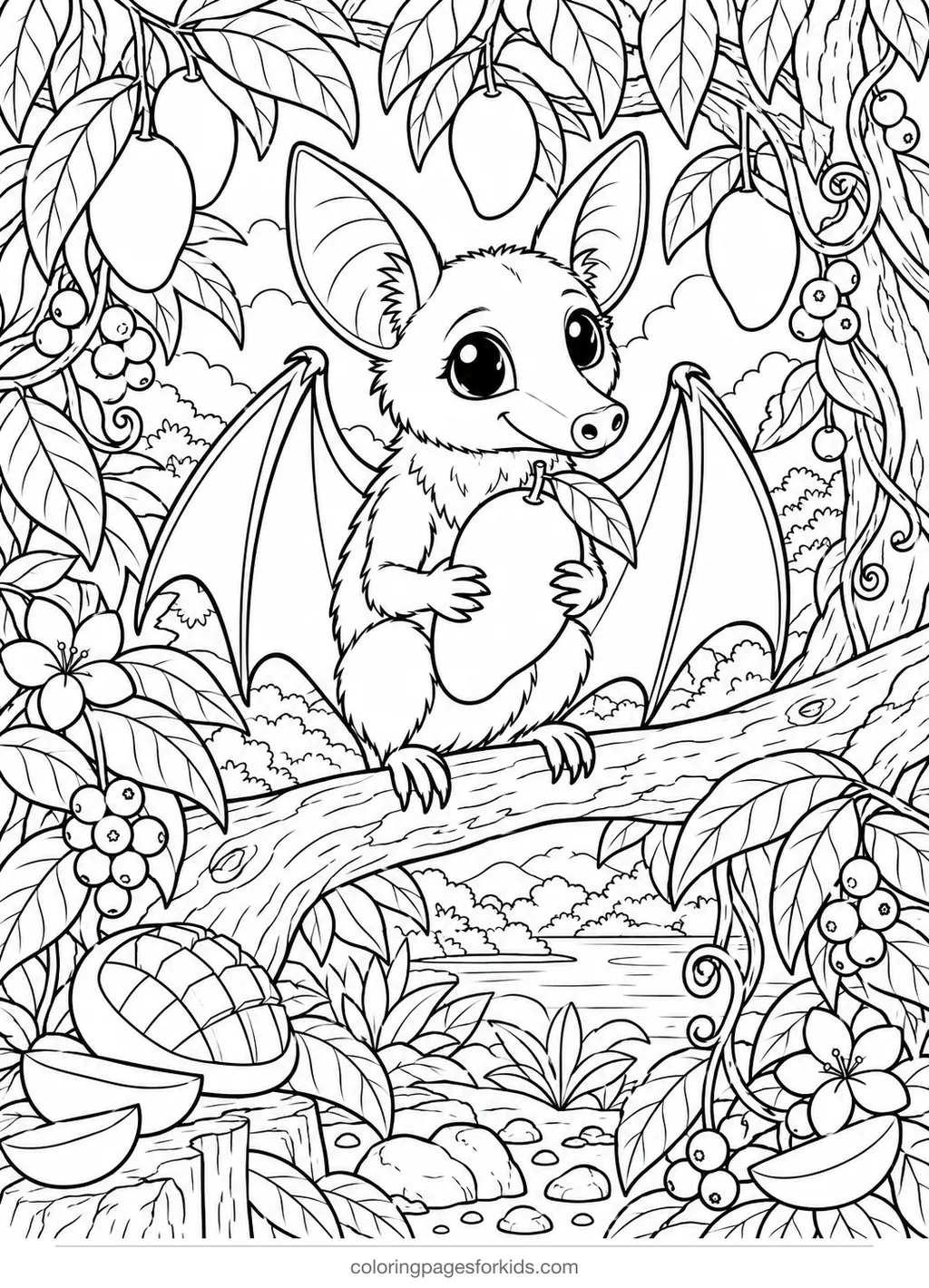 Bat coloring page of a fruit bat eating a mango in a tree, detailed black-and-white printable for ages 7-10