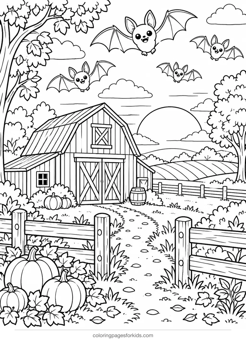 Bat coloring page of bats flying at dusk over a barn, detailed black-and-white printable for ages 7-10