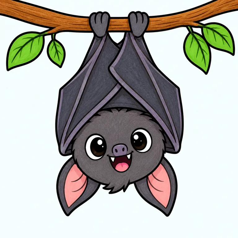 Colored example of a cute smiling bat hanging upside down from a branch