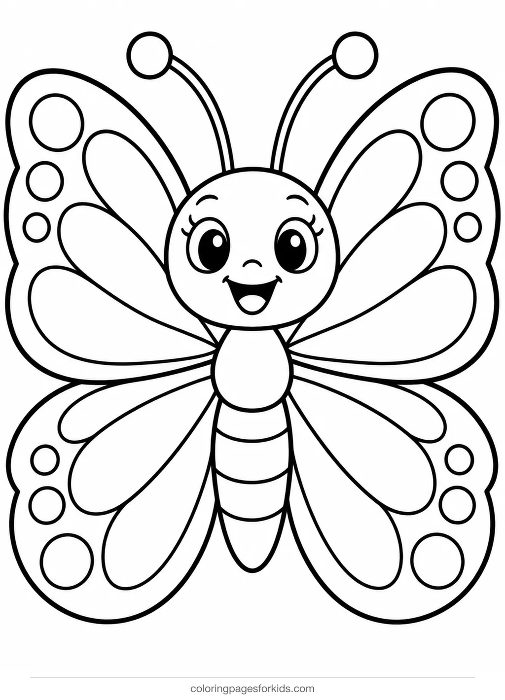 Butterfly coloring page of one simple smiling butterfly, easy black-and-white printable for ages 3-5