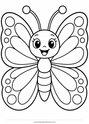 Butterfly coloring page of one simple smiling butterfly, easy black-and-white printable for ages 3-5