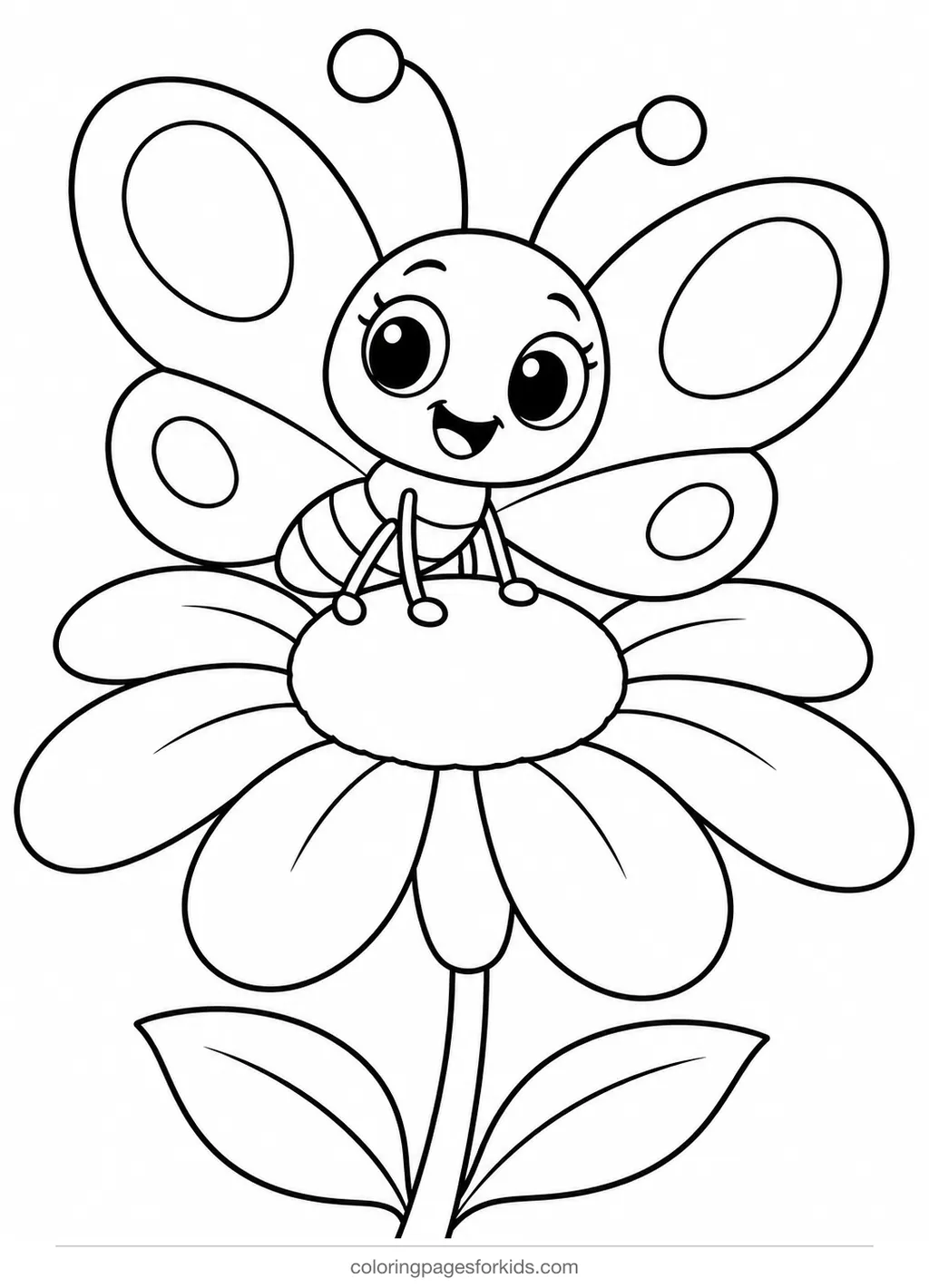 Butterfly coloring page of a smiling butterfly on a daisy, easy printable for ages 3-5