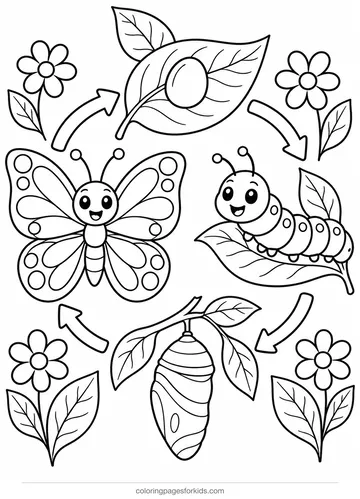 Butterfly coloring page of egg, caterpillar, chrysalis and butterfly, medium printable for ages 5-7