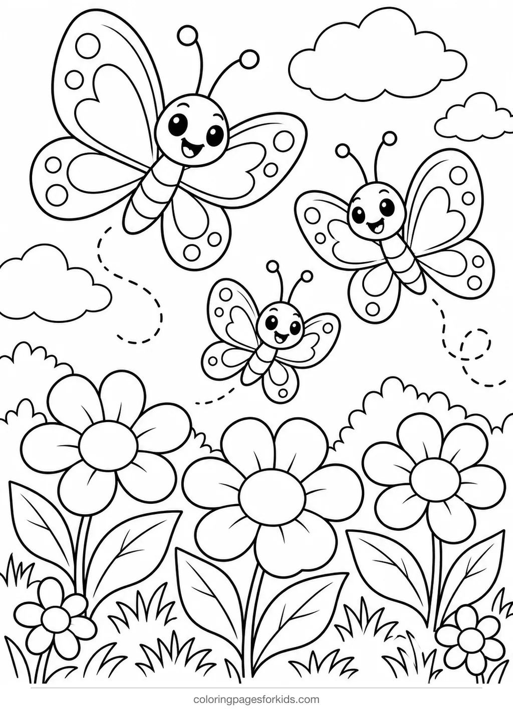 Butterfly coloring page of butterflies over a flower bed, medium printable for ages 5-7