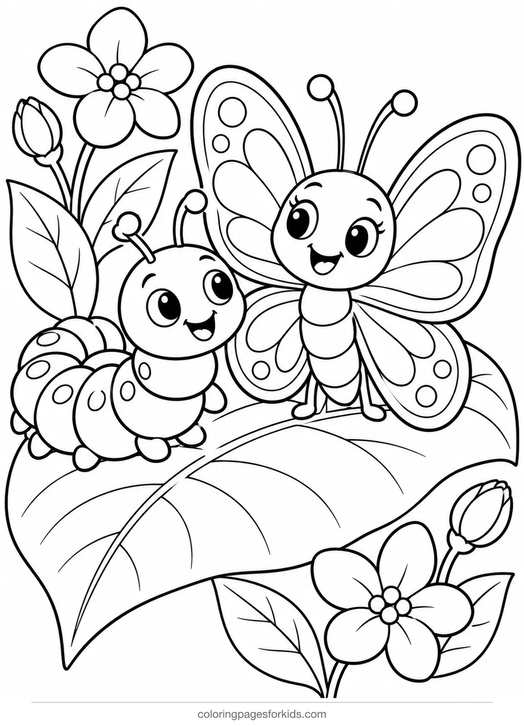 Butterfly coloring page of a caterpillar and butterfly on a leaf, medium printable for ages 5-7