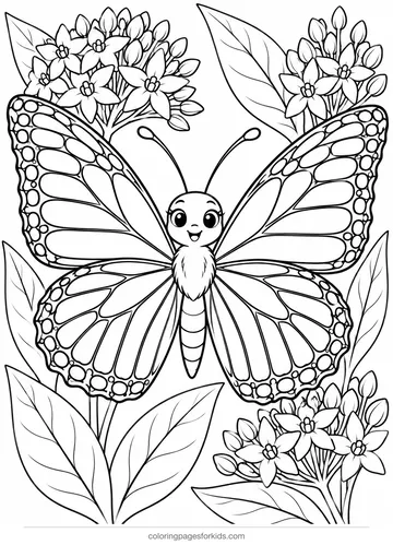 Butterfly coloring page of a monarch with detailed wing veins, detailed printable for ages 7-10