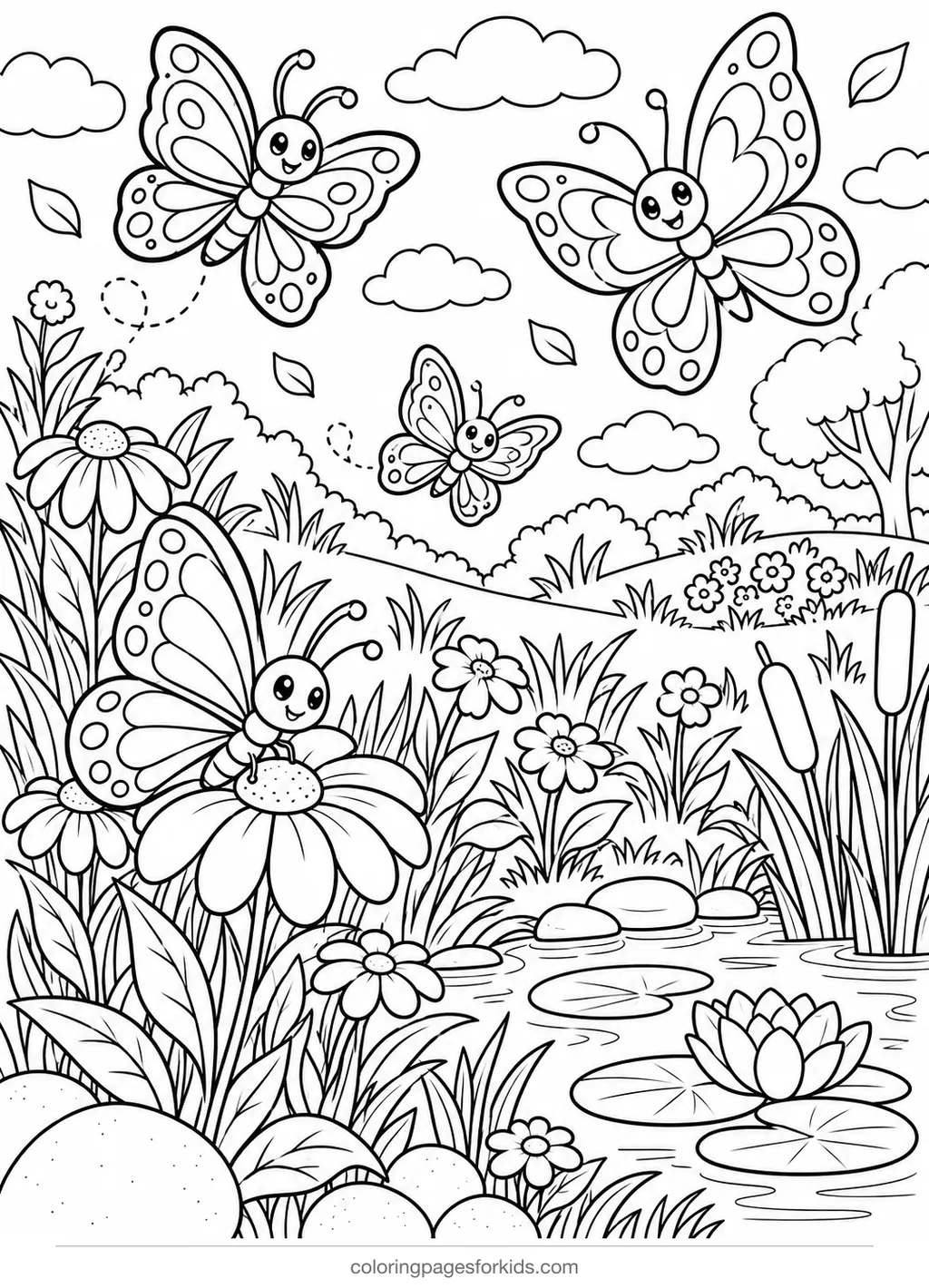 Butterfly coloring page of a meadow with butterflies and pond, detailed printable for ages 7-10