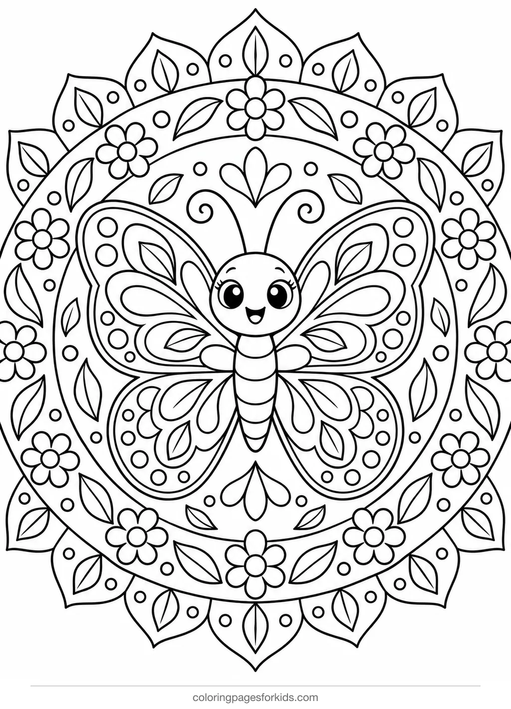 Butterfly coloring page of a butterfly inside a mandala, detailed printable for ages 7-10