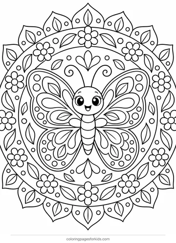 Butterfly coloring page of a butterfly inside a mandala, detailed printable for ages 7-10
