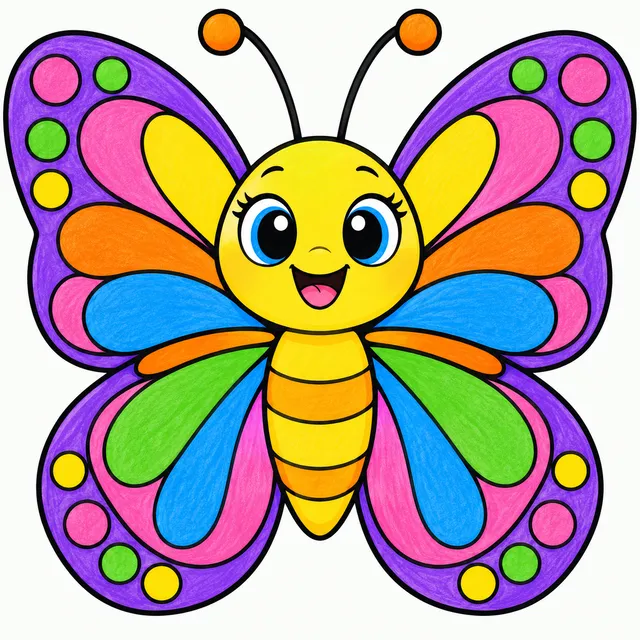 Colored example of a simple cute butterfly with big patterned wings for kids