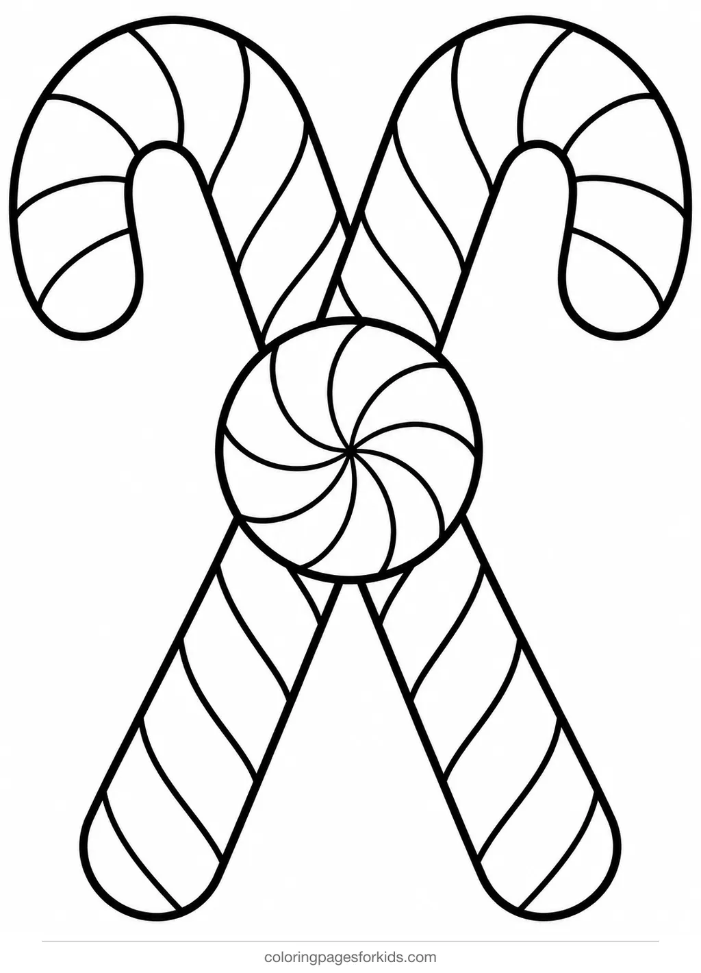 Candy cane coloring page of crossed candy canes with peppermint center, easy printable for ages 3-5