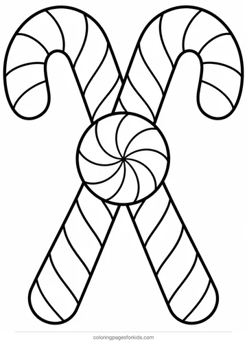 Candy cane coloring page of crossed candy canes with peppermint center, easy printable for ages 3-5