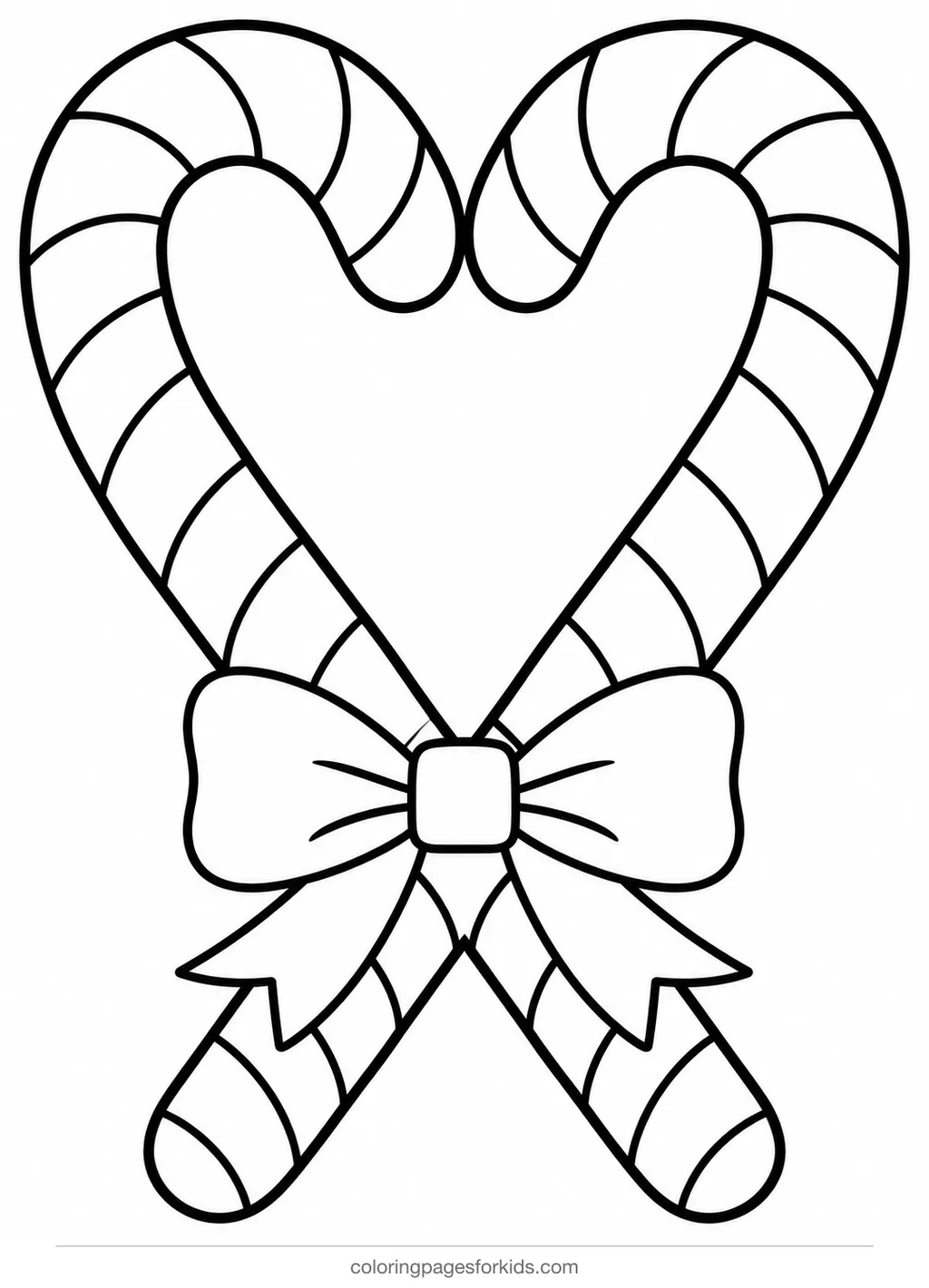 Candy cane coloring page of two canes forming a heart, easy printable for ages 3-5
