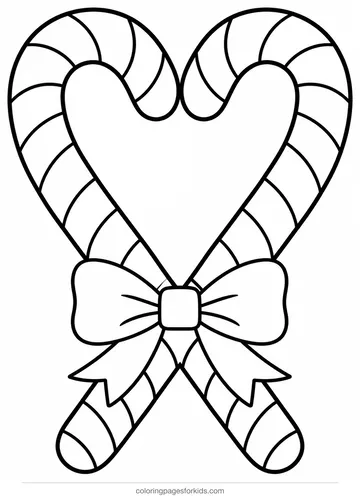 Candy cane coloring page of two canes forming a heart, easy printable for ages 3-5