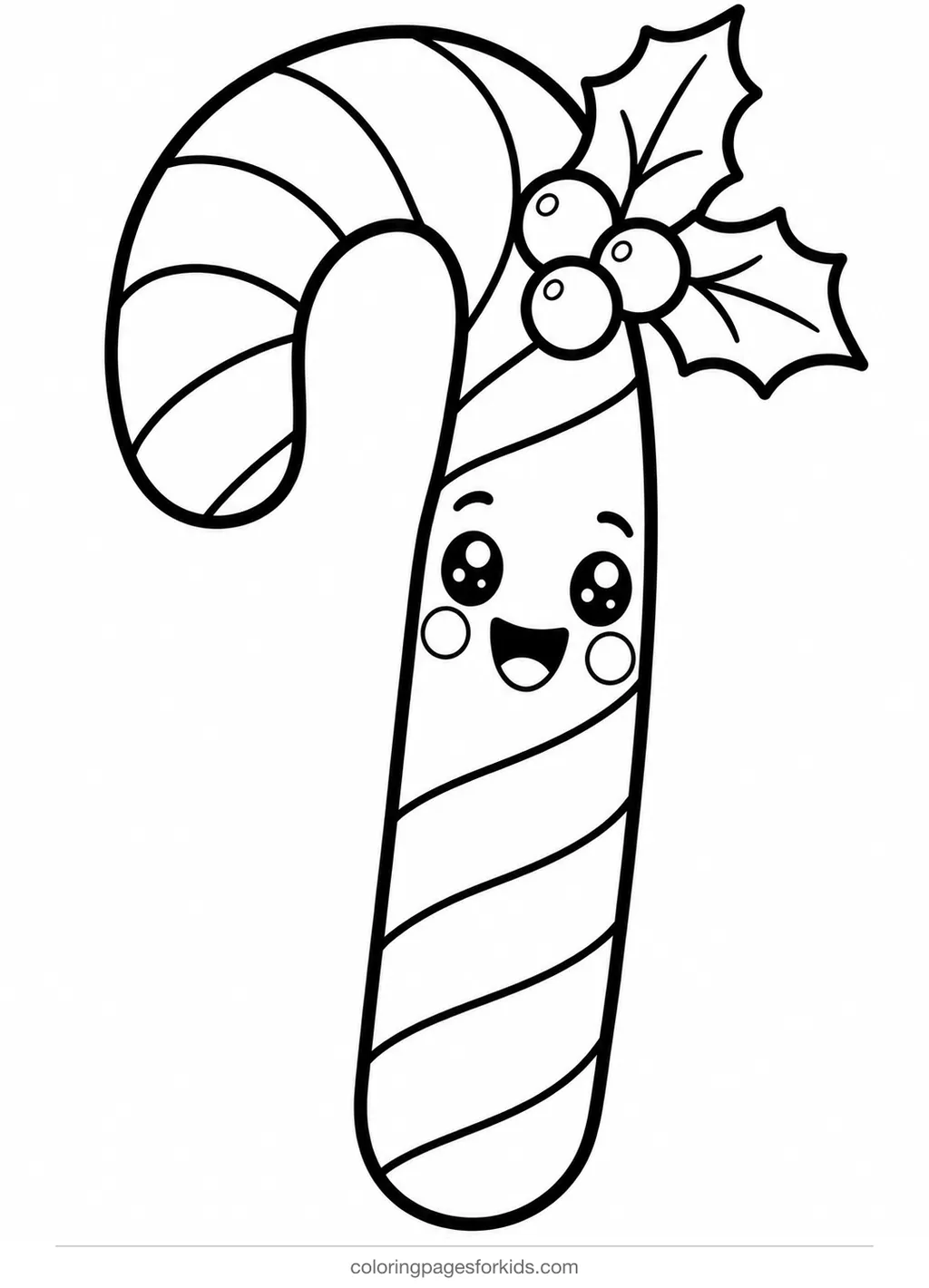 Candy cane coloring page of a smiling candy cane friend, easy printable for ages 3-5