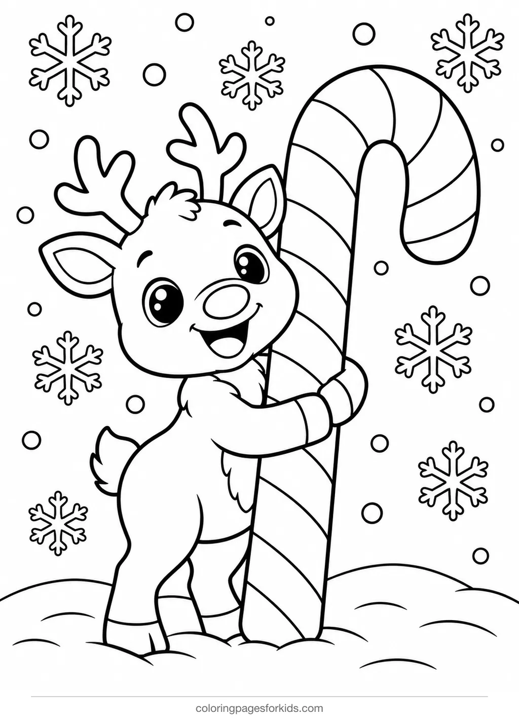 Candy cane coloring page of a reindeer hugging a giant cane, medium printable for ages 5-7