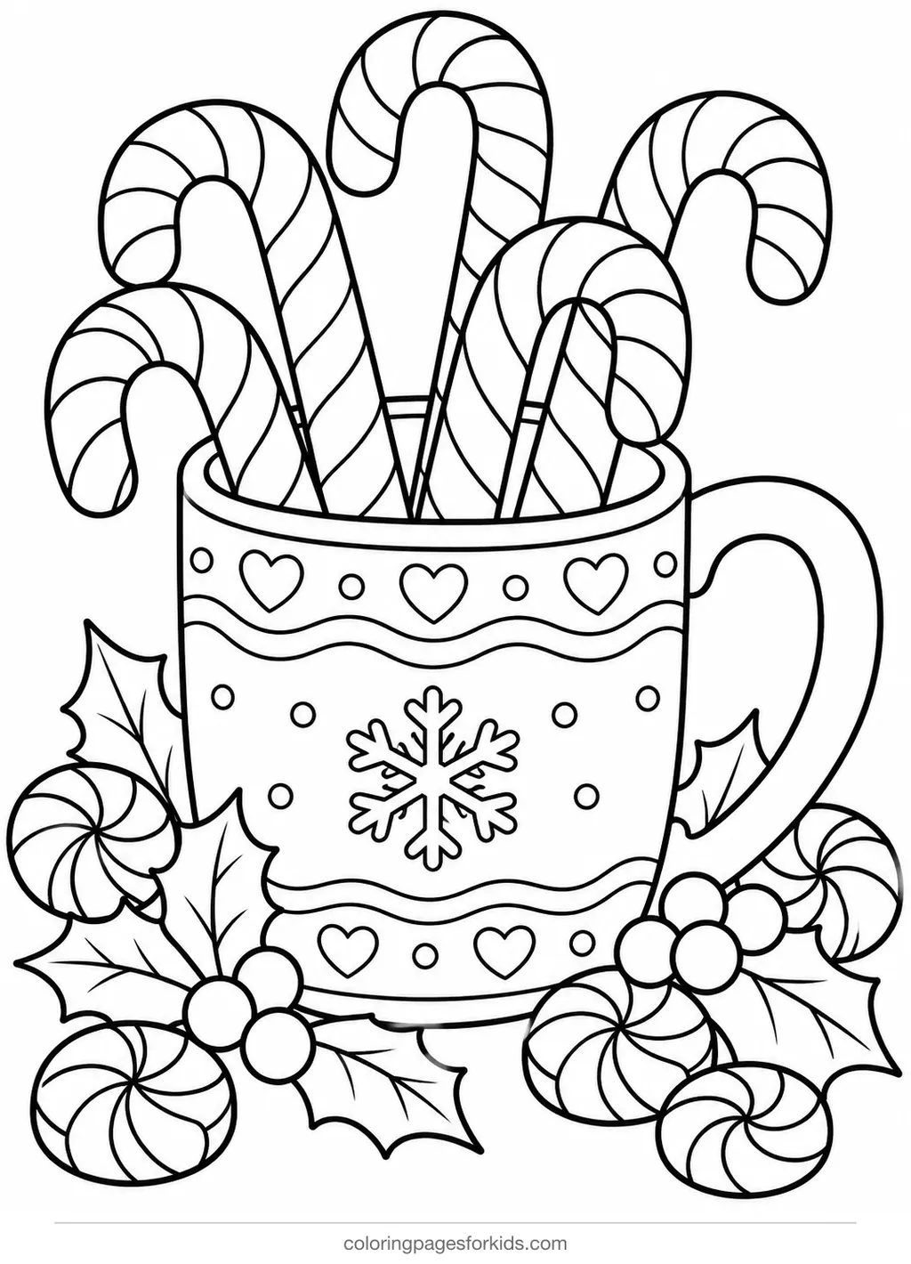 Candy cane coloring page of a mug full of candy canes, medium printable for ages 5-7