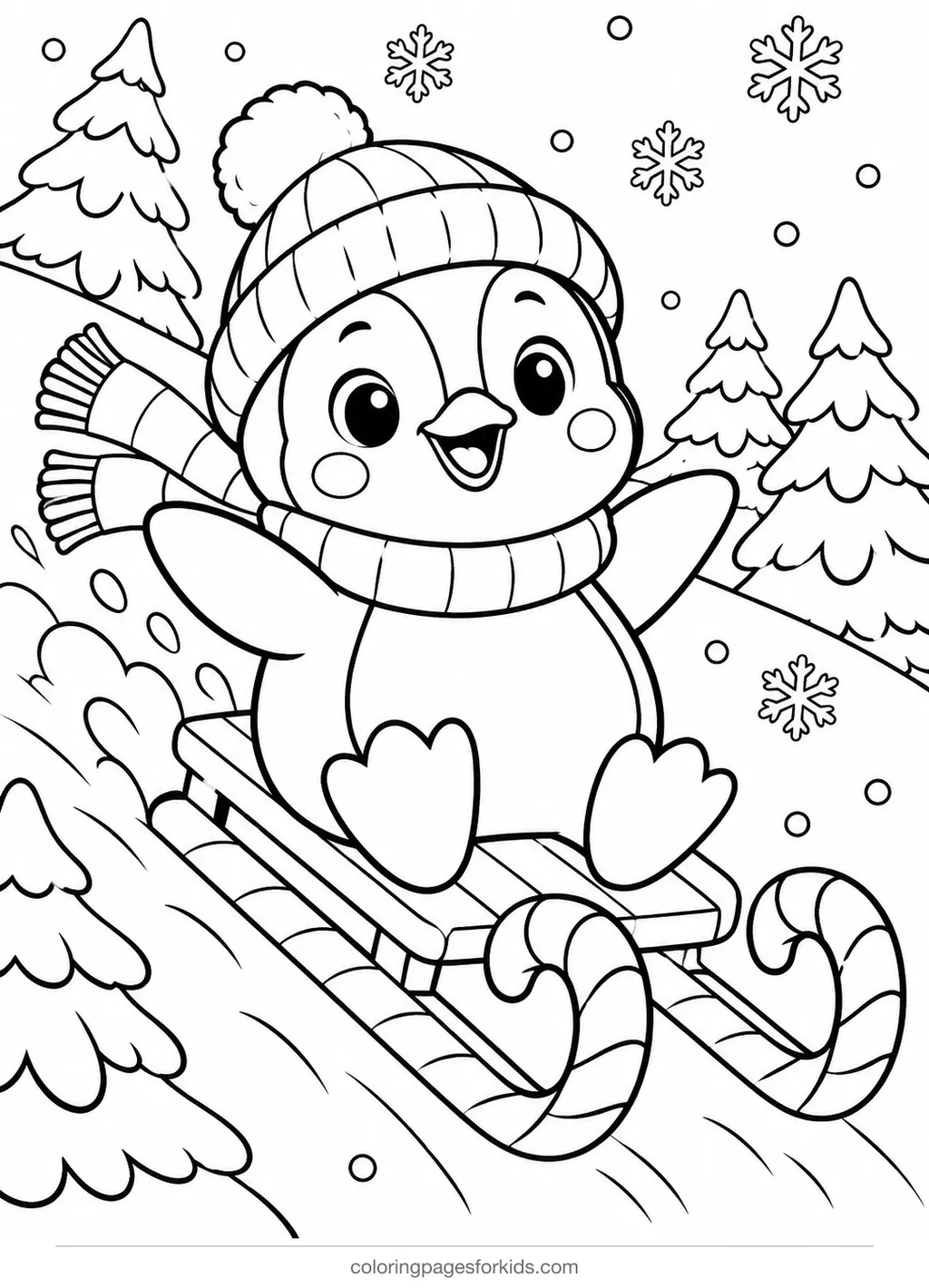Candy cane coloring page of a penguin on a candy cane sled, medium printable for ages 5-7