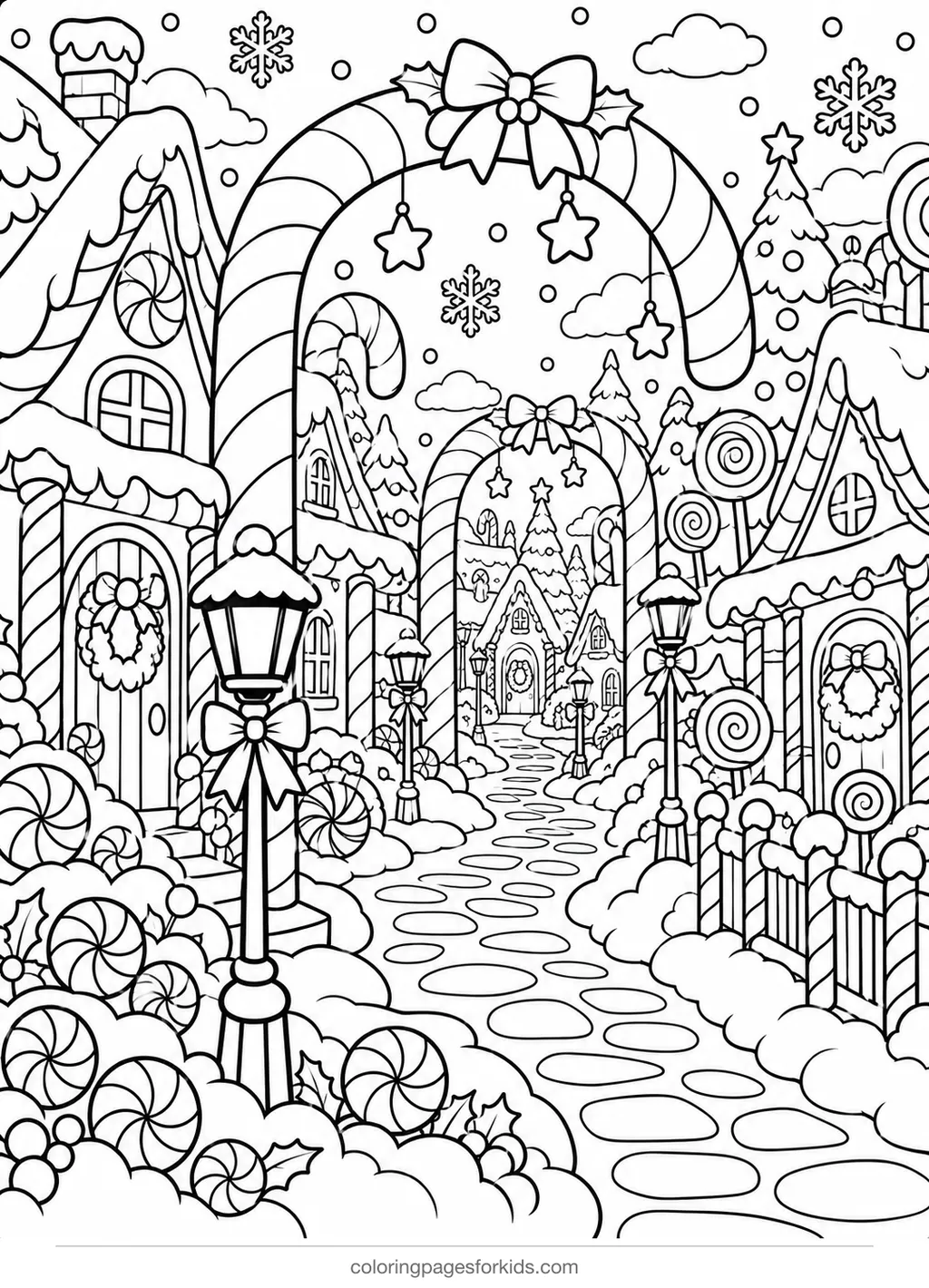 Candy cane coloring page of Candy Cane Lane with cottages, detailed printable for ages 7-10