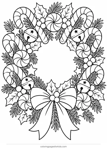 Candy cane coloring page of a detailed candy cane wreath, printable for ages 7-10