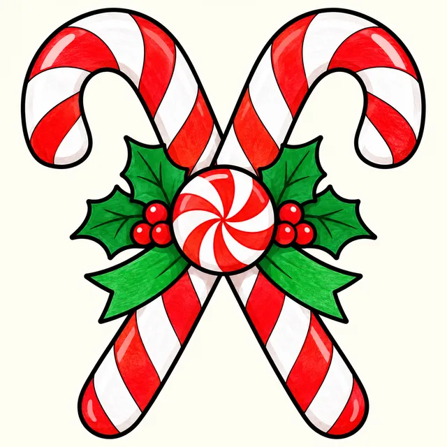 Colored example of crossed candy canes with a peppermint center