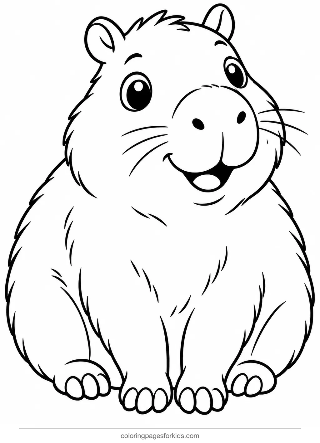 Capybara coloring page of a cute sitting capybara, easy black-and-white printable for ages 3-5