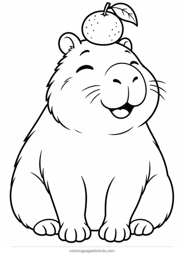 Capybara coloring page of a capybara with an orange on its head, easy printable for ages 3-5