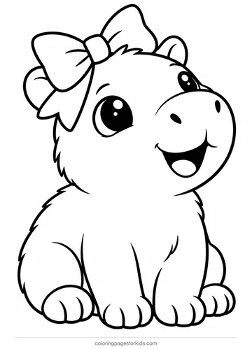 Capybara coloring page of a baby capybara with a bow, easy black-and-white printable for ages 3-5