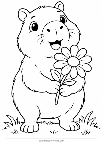 Capybara coloring page of a smiling capybara holding a flower, easy printable for ages 3-5