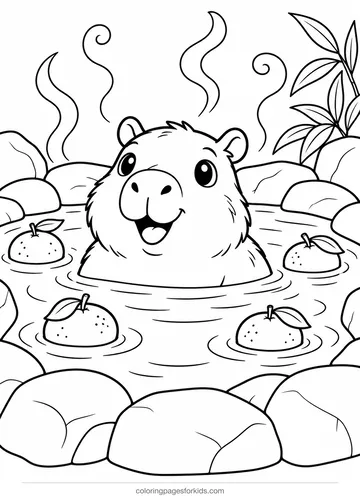 Capybara coloring page of a baby in a hot spring, medium black-and-white printable for ages 5-7