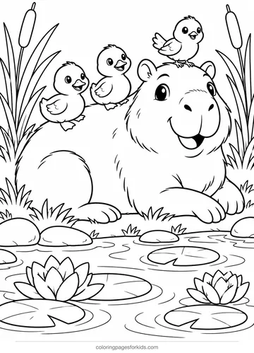 Capybara coloring page of ducklings on a capybara by a pond, medium printable for ages 5-7