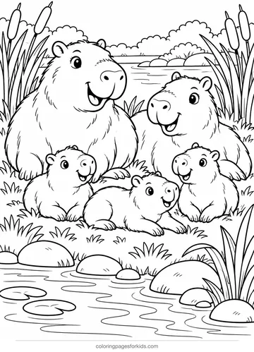 Capybara coloring page of a family by a river, medium black-and-white printable for ages 5-7
