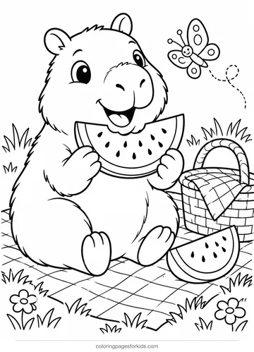 Capybara coloring page of a watermelon picnic, medium black-and-white printable for ages 5-7