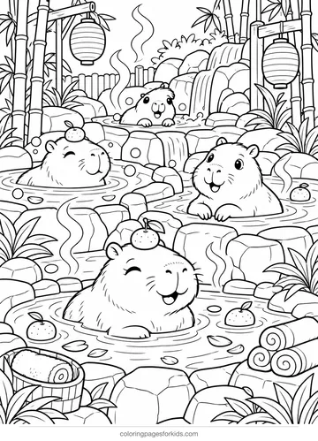 Capybara coloring page of a hot spring resort, detailed black-and-white printable for ages 7-10