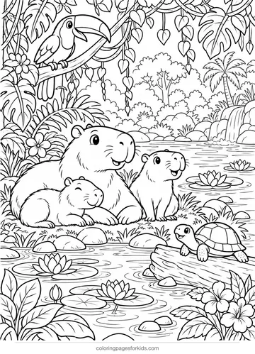 Capybara coloring page of rainforest river animals, detailed printable for ages 7-10