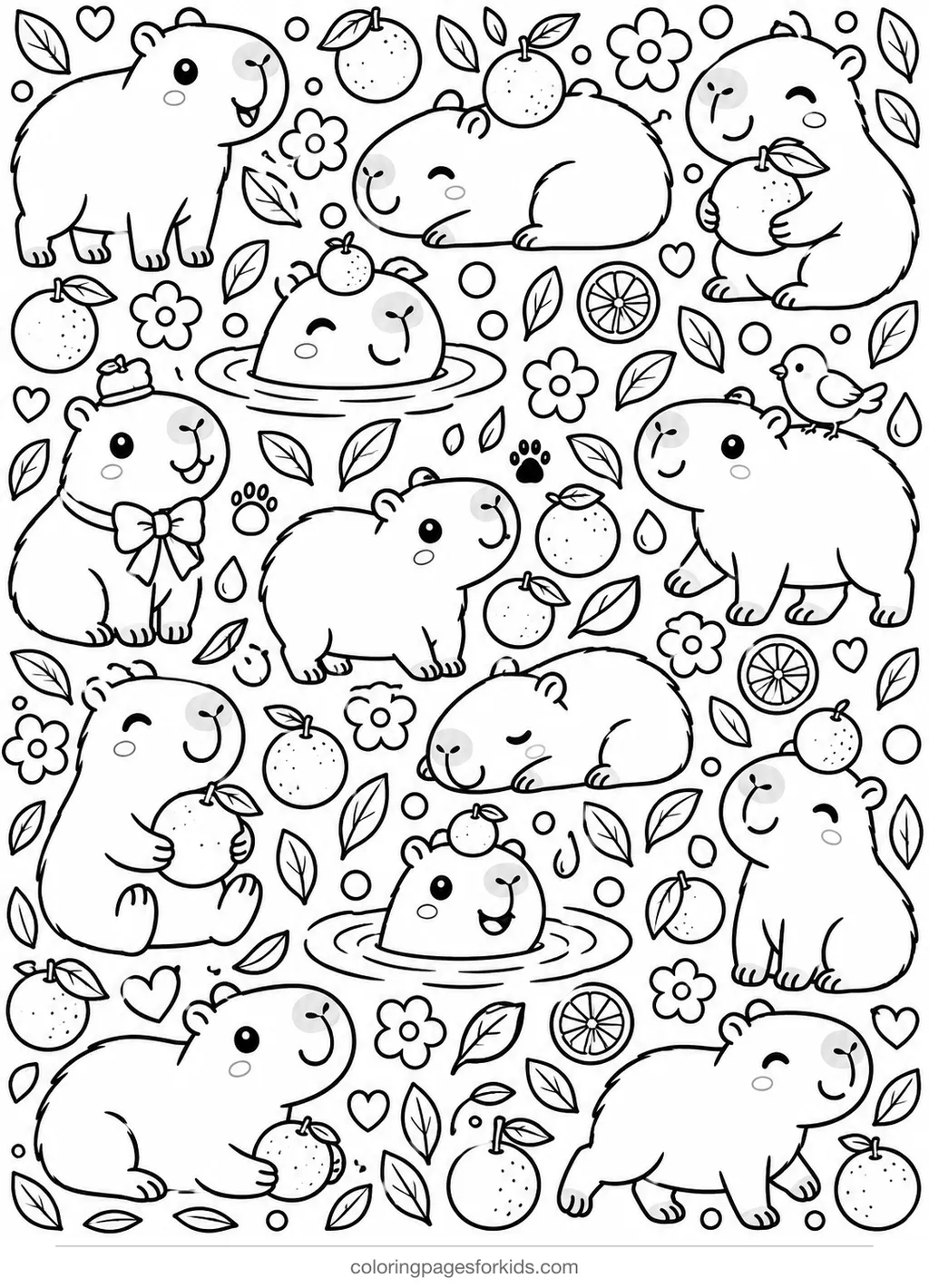 Capybara coloring page of a repeating pattern, detailed black-and-white printable for ages 7-10