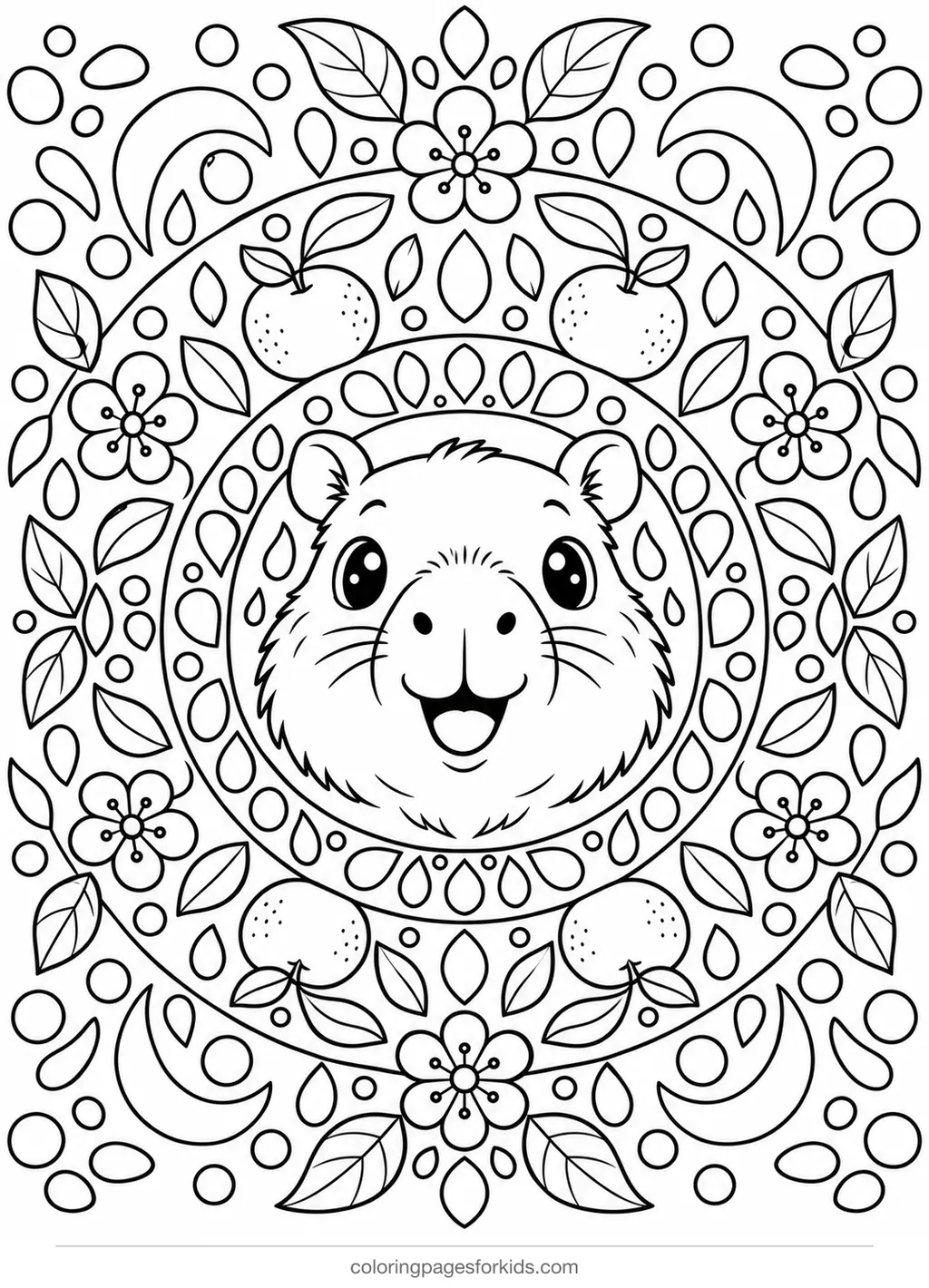 Capybara coloring page of a mandala with oranges and leaves, detailed printable for ages 7-10