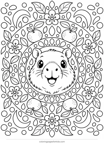 Capybara coloring page of a mandala with oranges and leaves, detailed printable for ages 7-10