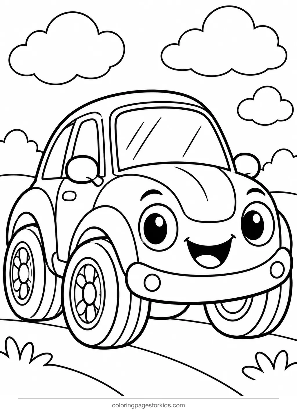 Car coloring page of a small smiling cartoon car, easy black-and-white printable for ages 3-5