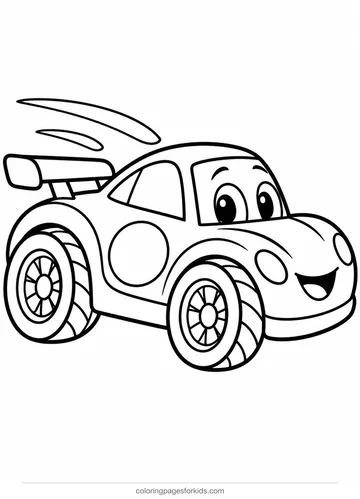 Car coloring page of a smiling race car with a blank door circle, easy printable for ages 3-5